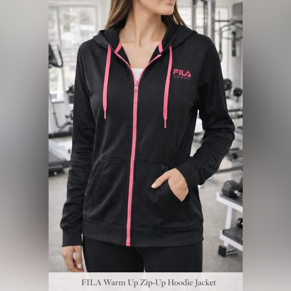 FILA Warm Up Zip-Up Hoodie Jacket – Black with Pink Accents | Size M
